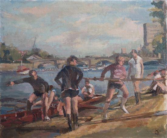 David Giffard (b.1932) Rowers on the shore 20 x 24in., unframed